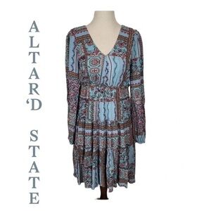 🤩🤩Altar'd State 70’s Ruffled V-neck Blue & Pink Floral Long Sleeve Mini Dress